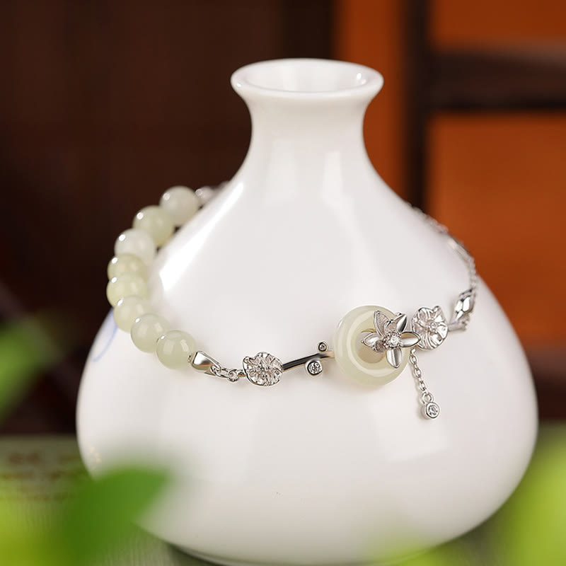 Buddha Stones 925 Srebro Sterlingowe Hetian Jade Peace Buckle Bransoletka z Łańcuszkiem Szczęścia Lotus