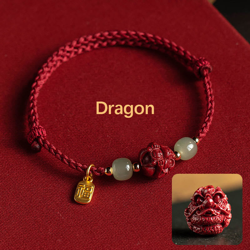 Buddha Stones Naturalny Cynober Chiński Zodiak Hetian Jade Fu Charakter Szczęścia Bransoletka Lina
