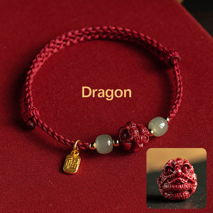 Buddha Stones Naturalny Cynober Chiński Zodiak Hetian Jade Fu Charakter Szczęścia Bransoletka Lina