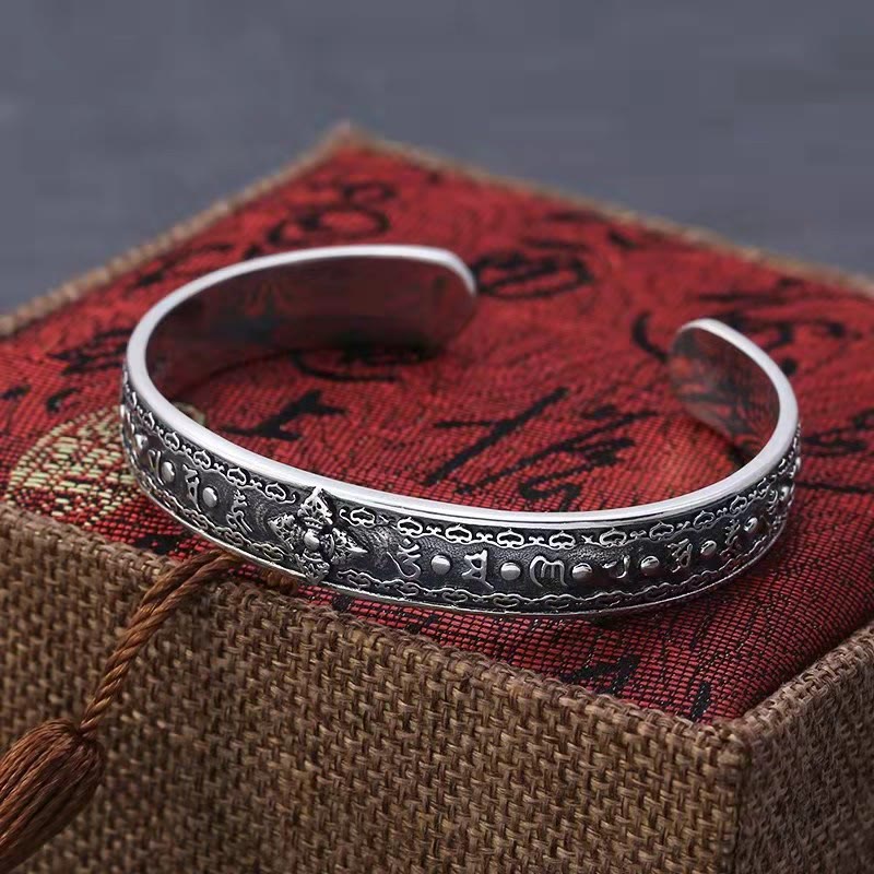 Buddha Stones 925 Srebro Sterlingowe Om Mani Padme Hum Podwójna Dorje Grawerowana Mądrość Bransoletka Mankiet Bangle