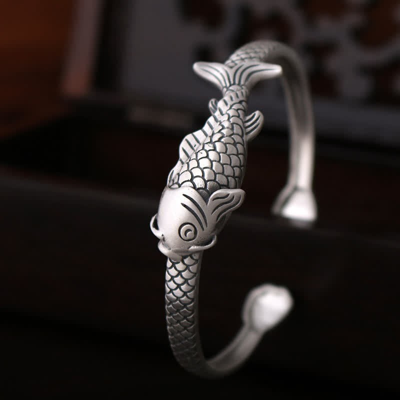 Buddha Stones 990 Srebro Sterling Ryba Koi Lotos Szczęście Bogactwo Bransoletka Bangle