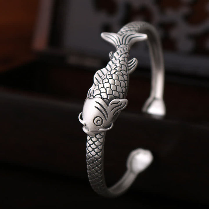 Buddha Stones 990 Srebro Sterling Ryba Koi Lotos Szczęście Bogactwo Bransoletka Bangle