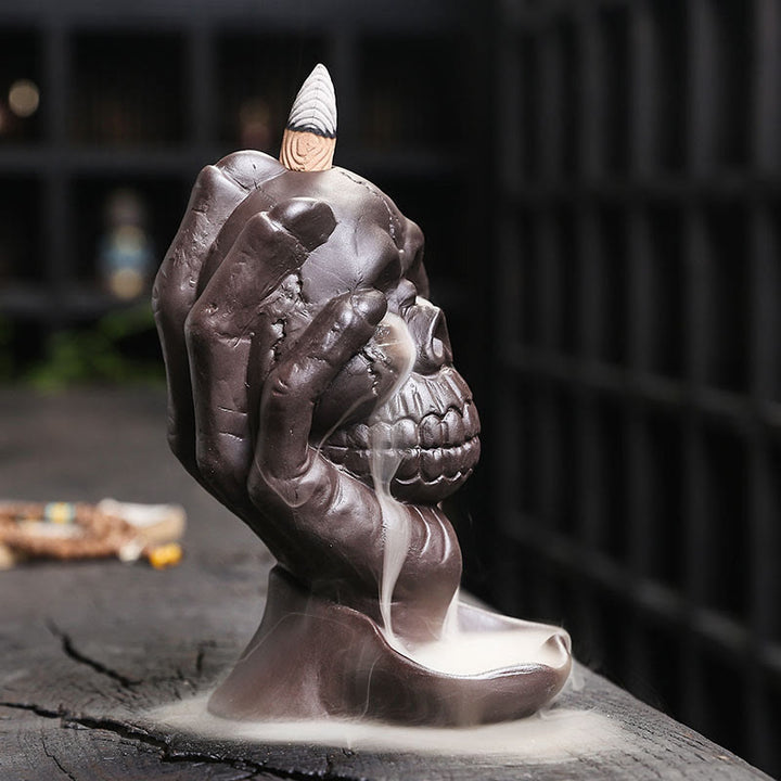 Buddha Stones Halloween Czaszka Z Dłonią Ducha Fioletowa Glina Duchowy Kadzielnica Dekoracja