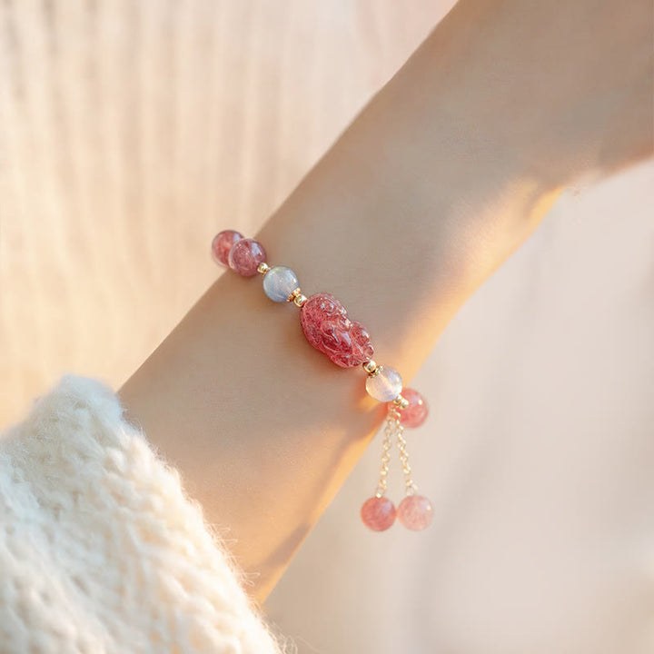 Buddha Stones Naturalny Kwarc Truskawkowy Kamień Księżycowy PiXiu Love Healing Bransoletka