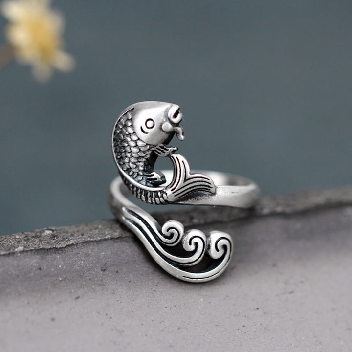 Pierścionek z Buddha Stones ze srebra próby 925, z rybą Koi i falą wodną, ​​szczęściem i bogactwem - image 4