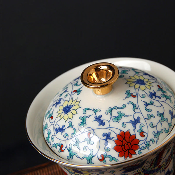 Buddha Stones Retro Śliwkowy Kwiat Sosna Bambus Feniks Kirin Ceramiczny Gaiwan Sancai Filiżanka do herbaty Kung Fu Filiżanka do herbaty i spodek z pokrywką