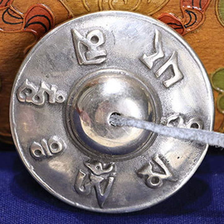 Buddha Stones Tybetański Dzwon Tingsha Sześć Prawdziwych Słów Biała Miedź Uzdrawiająca Dekoracja