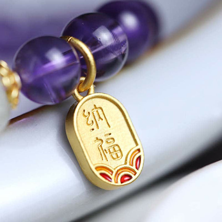 Buddha Stones Naturalny Ametyst Kryształ Hetian Jade Healing Charm Bransoletka