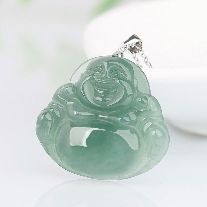 Naszyjnik z Buddha Stones Śmiejący się Budda z jadeitu, ochrona spokoju, stal tytanowa, łańcuszek - image 1
