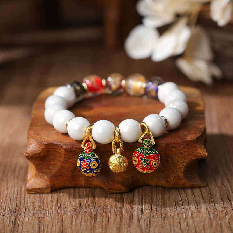 Buddha Stones Złoty Połykający Bestia Rodzina Charm Liuli Szkło Kolorowa Porcelanowa Koralik Bransoletka Szczęścia