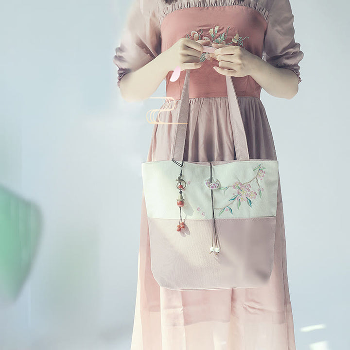 Kwiat gruszy śliwka brzoskwiniowy kwiat bambus haft płótno duża pojemność torba na ramię torba typu tote - image 33