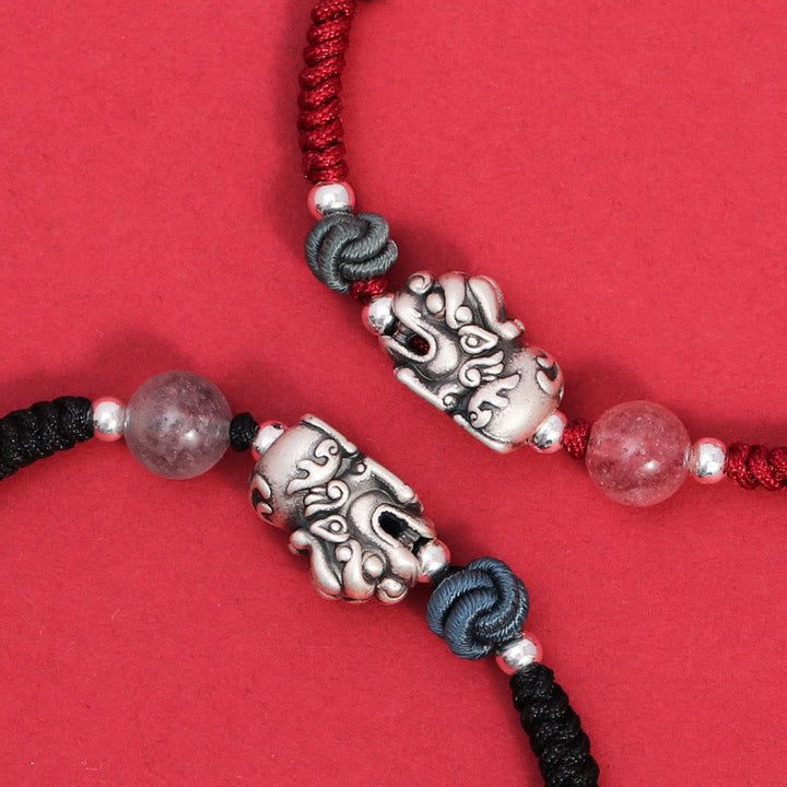 Buddha Stones 999 Srebro Sterlingowe PiXiu Koralik Kwarcowy Truskawkowy Bogactwo Szczęście Bransoletka Pleciona