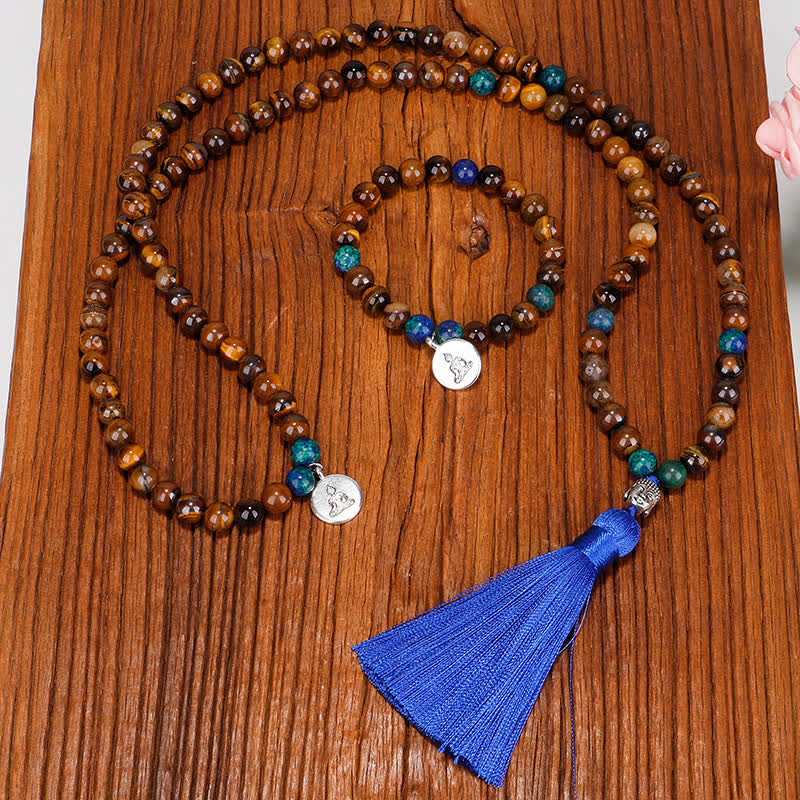 Buddha Stones 108 Mala Koraliki Tygrysie Oko Budda Siła Bransoletka Naszyjnik Wisiorek