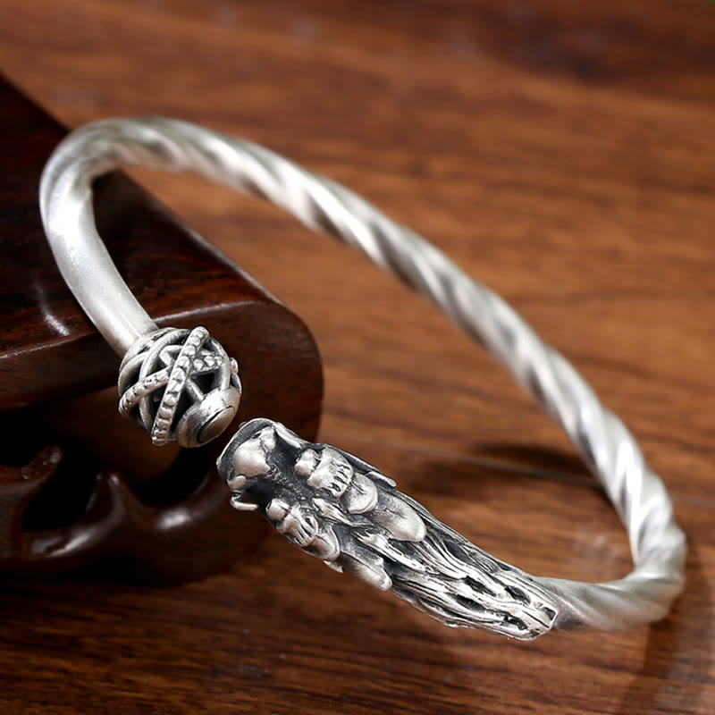 Buddha Stones 999 Srebro Sterling Rok Smoka Szczęście Siła Metalowa Bransoletka Mankietowa Bangle