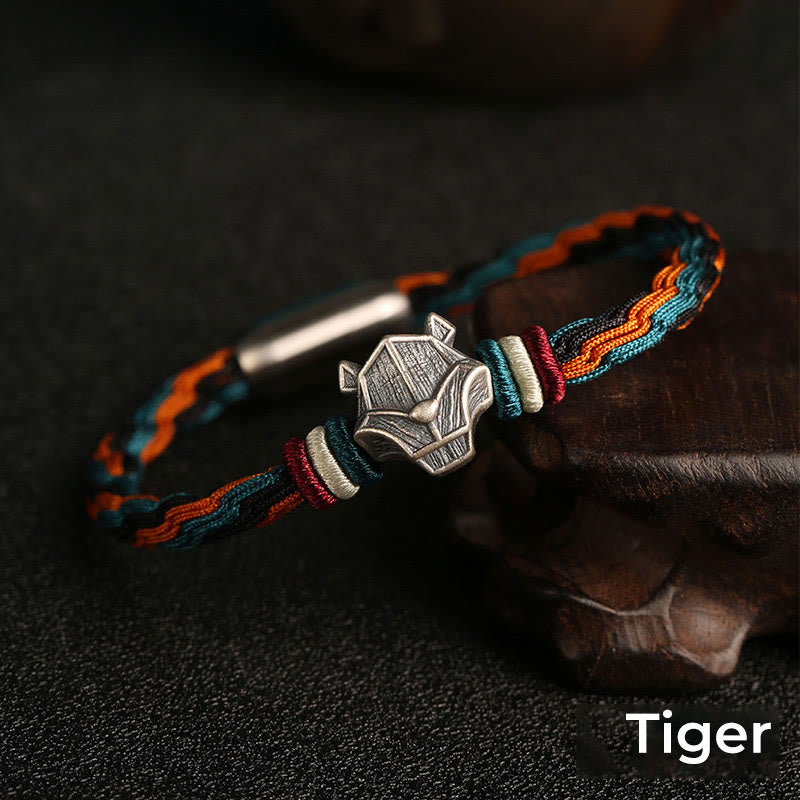 Buddha Stones Ręcznie robione 999 Srebro Sterling Rok Smoka Chiński Zodiaku Ochrona Kolorowa Reinkarnacja Węzeł Liny Bransoletka