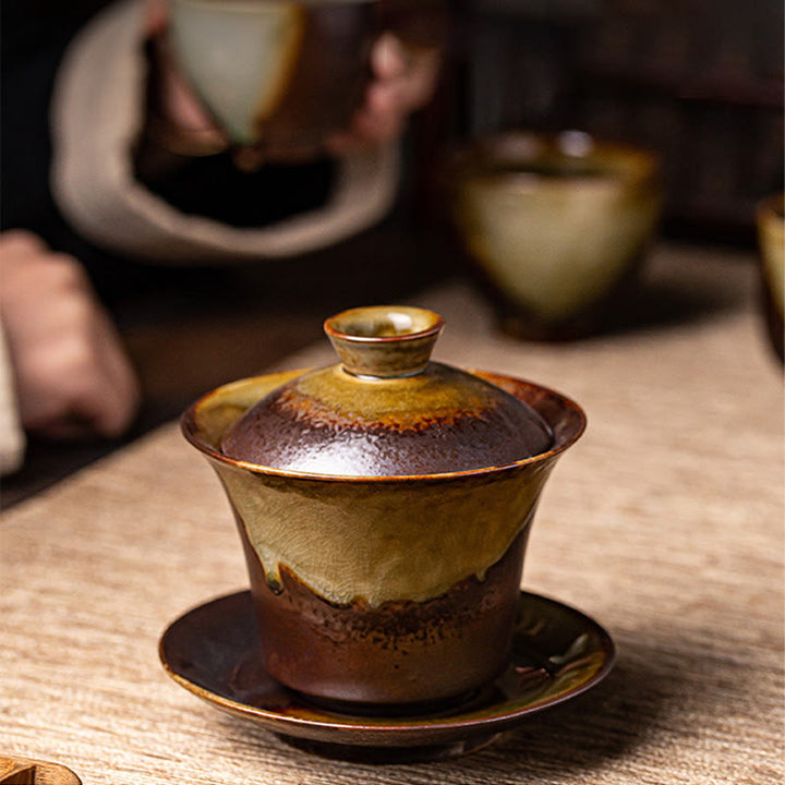 Buddha Stones Vintage Brązowy Piec Zmiana Projektu Porcelana Ceramiczna Gaiwan Sancai Filiżanka Kung Fu Filiżanka I Spodek Z Pokrywką