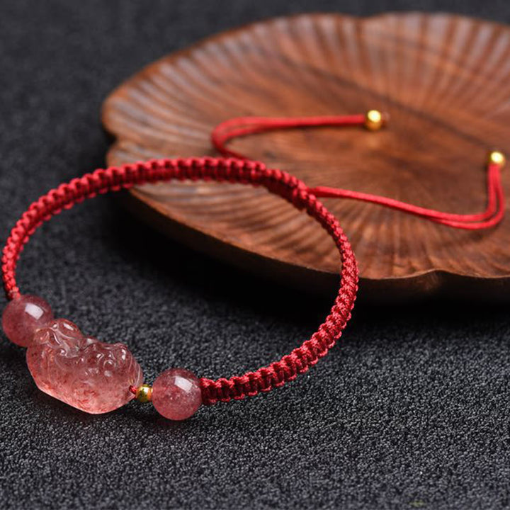 Buddha Stones Naturalny Kwarc Truskawkowy PiXiu Bransoletka Szczęścia Czerwony Sznurek