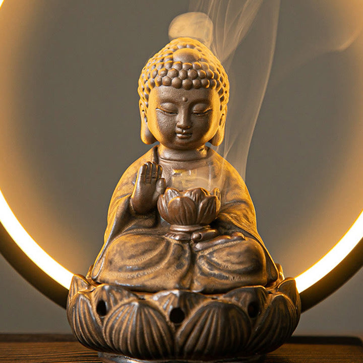 Buddha Stones Budda Lotos Cofający Dym Fontanna Ceramiczny Błogosławieństwo Kadzielnica Z Dekoracją Światła