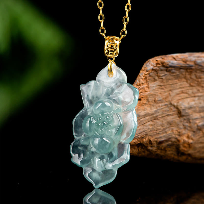 Buddha Stones 18K Złoto Naturalny Jadeit Wzór Lotosu Naszyjnik Wisiorek Dobrobyt - image 2