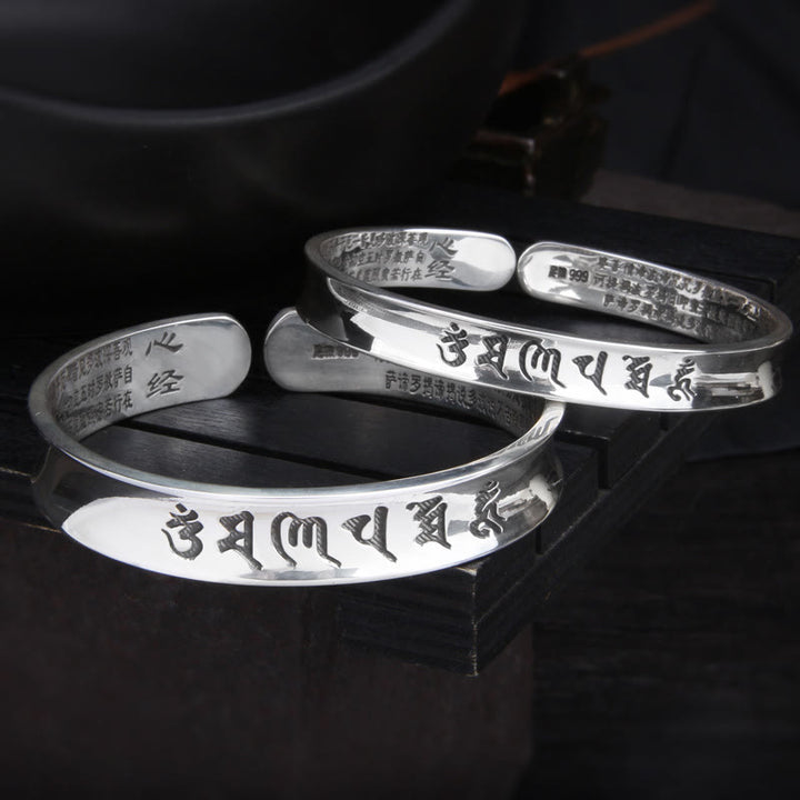 Buddha Stones 999 Srebro Sterlingowe Om Mani Padme Hum Heart Sutra Miłość Pokój Bransoletka Bangle