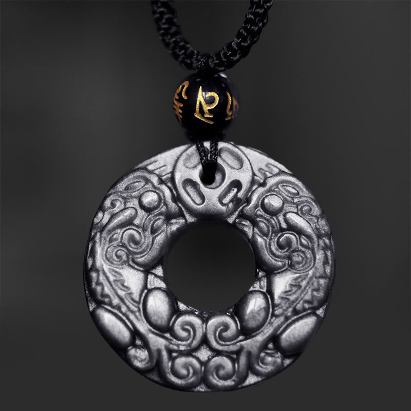 Buddha Stones Naturalny Srebrny Połysk Obsydian Podwójny PiXiu Miedziana Moneta Pokój Klamra Ochrona Naszyjnik Wisiorek - image 4