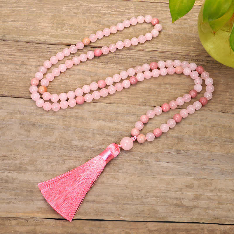 Buddha Stones 108 Mala Beads Różowa Kryształowa Bransoletka z Chwostem Miłości