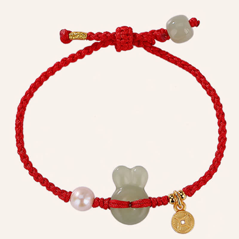 925 Srebro Sterling Rok Królika Hetian Jade Miedź Moneta Bogactwo Bransoletka z Czerwonego Sznurka