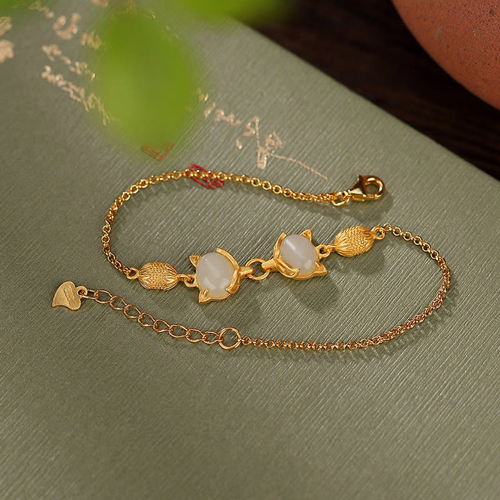 Buddha Stones 925 Srebro Sterling Naturalny Hetian Biały Jadeit Cyjan Jade Piękna Bransoletka Szczęścia Lisa - image 8