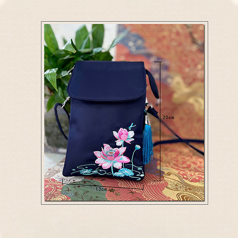 Buddha Stones Wodoodporna Ręcznie Haftowane Kwiaty Lotosu Torba Crossbody Torba Na Ramię Torba Na Telefon Komórkowy