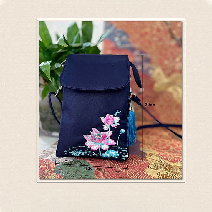 Buddha Stones Wodoodporna Ręcznie Haftowane Kwiaty Lotosu Torba Crossbody Torba Na Ramię Torba Na Telefon Komórkowy