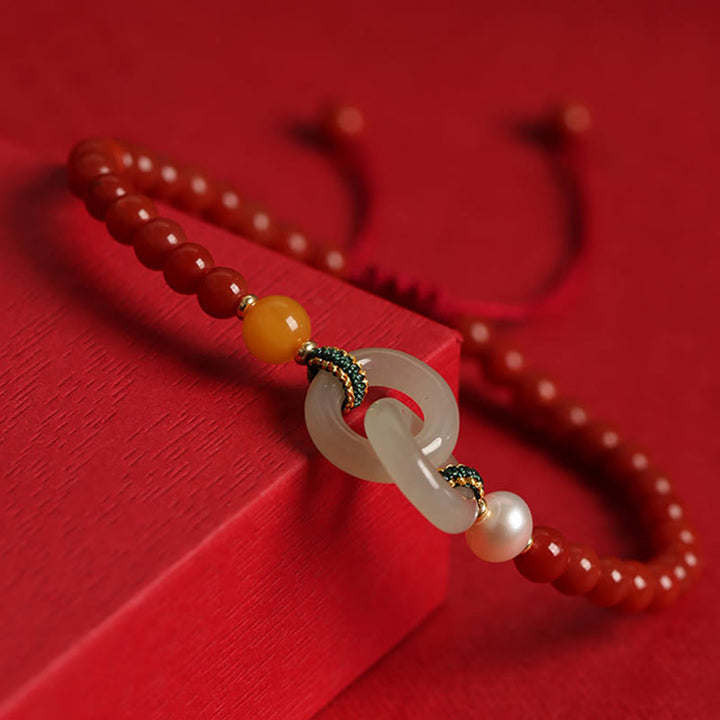 Buddha Stones Natural Red Agat Hetian Jade Double Peace Buckle Confidence