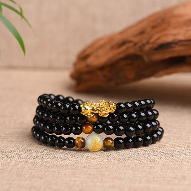 Buddha Stones Chiński Zodiak Obsydian PiXiu Ochrona Mala Bransoletka