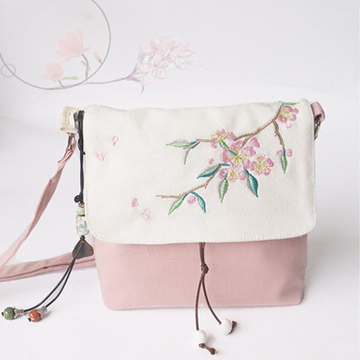 Buddha Stones , ręcznie haftowane kwiaty śliwkowe, płócienna torba typu crossbody, torba na ramię