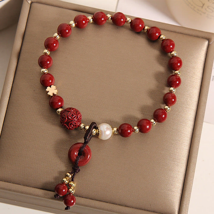 Buddha Stones Naturalny Cynober Pokoju Klamra Miedziana Moneta Charm Bransoletka Błogosławieństwo
