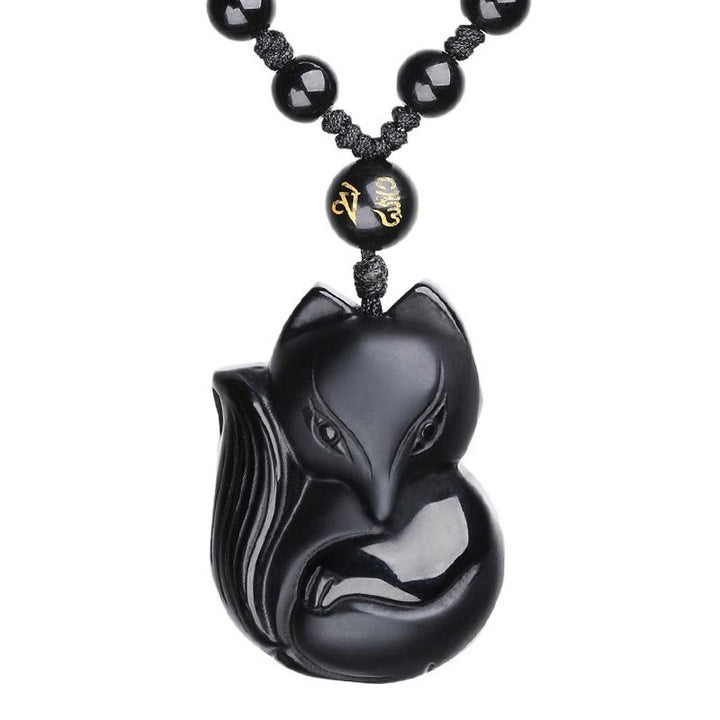 Buddha Stones Naturalny Czarny Obsydian Tygrysie Oko Lodowy Obsydian Lis Wisiorek Amulet Naszyjnik