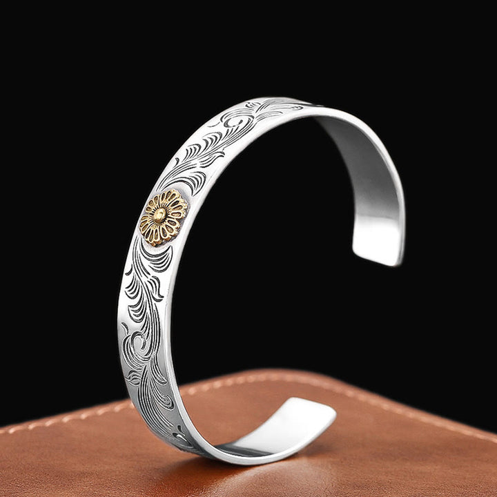 Buddha Stones Dynastia Tang Kwiat Projekt Róży Kwiat Pióro Rzeźbiona Miedziana Bransoletka Szczęścia Bangle