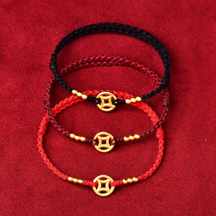 Buddha Stones Miedziana Moneta Siła Pleciona Bransoletka Sznurkowa Anklet