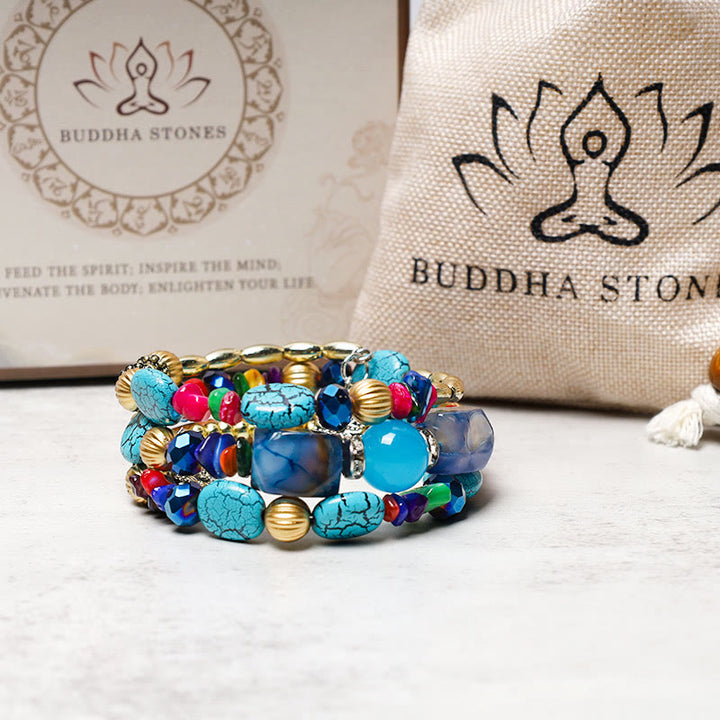Bransoletka z Buddha Stones , wielowarstwowa, nieregularna, turkusowa, agatowa, koraliki, błogosławieństwo