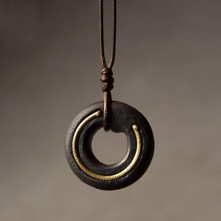 Buddha Stones Zen Circle Ebony Wood Peace Calm Naszyjnik Wisiorek - image 1