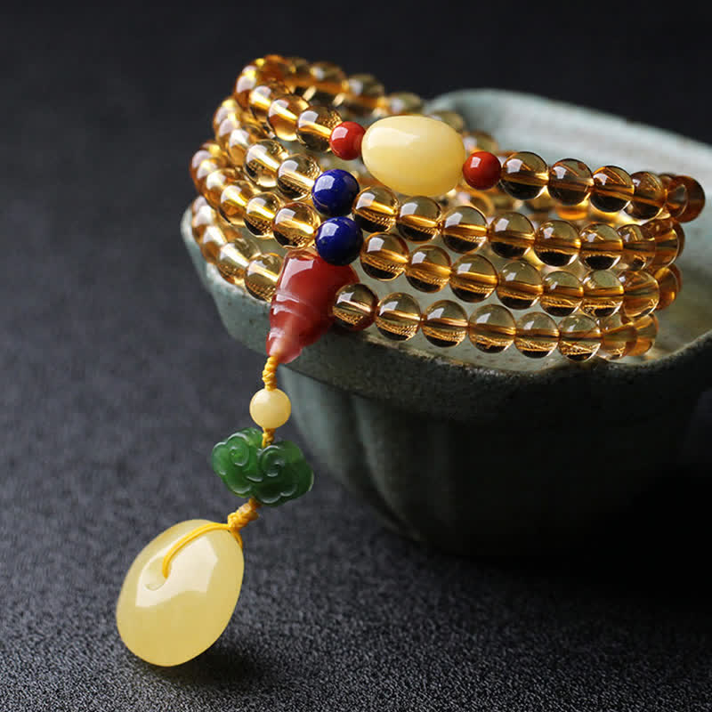 108 Mala Beads Naturalny Cytryn Bursztyn Peace Buckle Czerwony Agat PiXiu Ochrona Bransoletka Charm