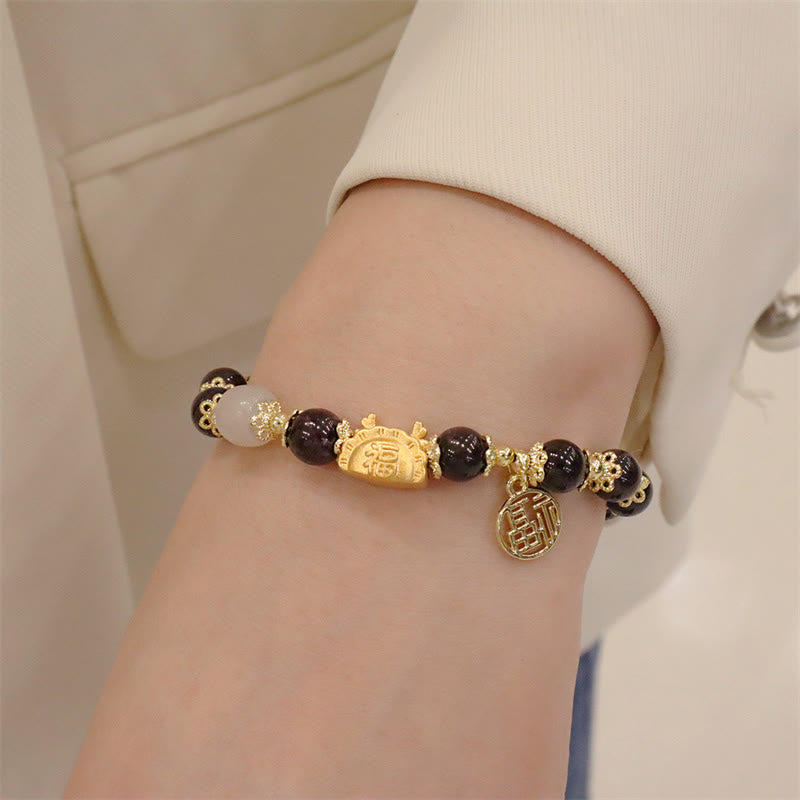 Buddha Stones Rok Smoka Czerwony Agat Kwarc Truskawkowy Czarny Obsydian Jadeit Granat Perła Cynober Pierożek Smok Szczęście Fu Bransoletka - image 25