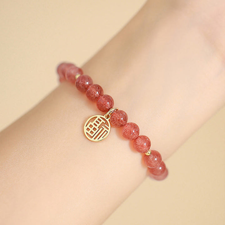 Bransoletka z Buddha Stones 14K pozłacana kwarcem truskawkowym Fu Character Healing Charm