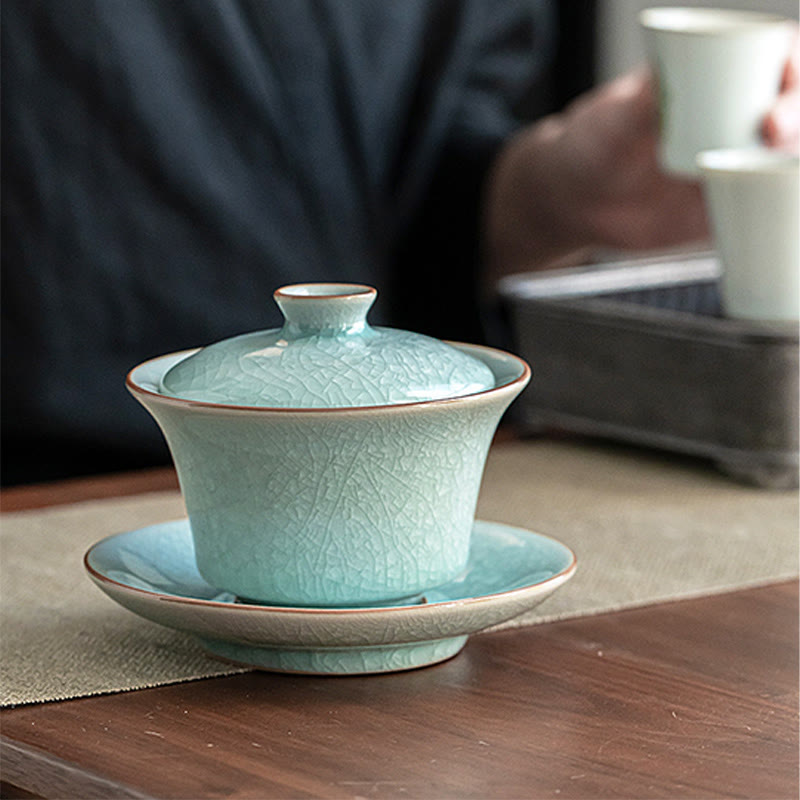 Buddha Stones Retro Zielony Lodowy Glazura Ceramiczny Gaiwan Sancai Filiżanka Kung Fu Filiżanka I Spodek Z Pokrywką