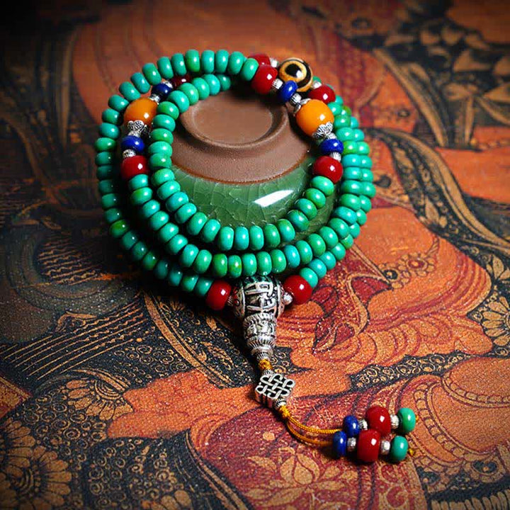 Buddha Stones 108 Mala Koraliki Tybetański Turkus Dzi Koraliki Ochrona Bransoletka