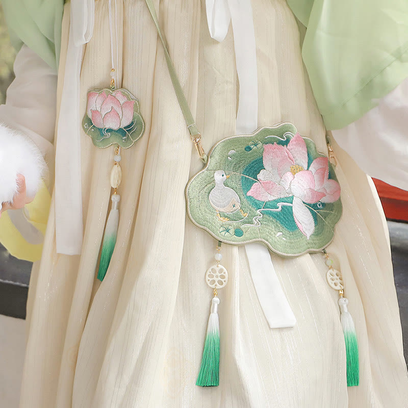 Buddha Stones Szczęście Haft Lotos Koi Ryba Królik Kwiat Hanfu Torba Crossbody Torba na Ramię