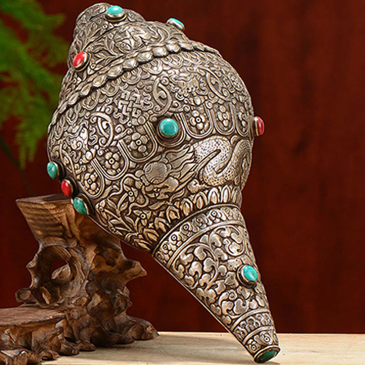 Tybetańska ręcznie robiona naturalna Shankha z ośmioma pomyślnymi symbolami, muszla Conch, szczęśliwa dekoracja domu