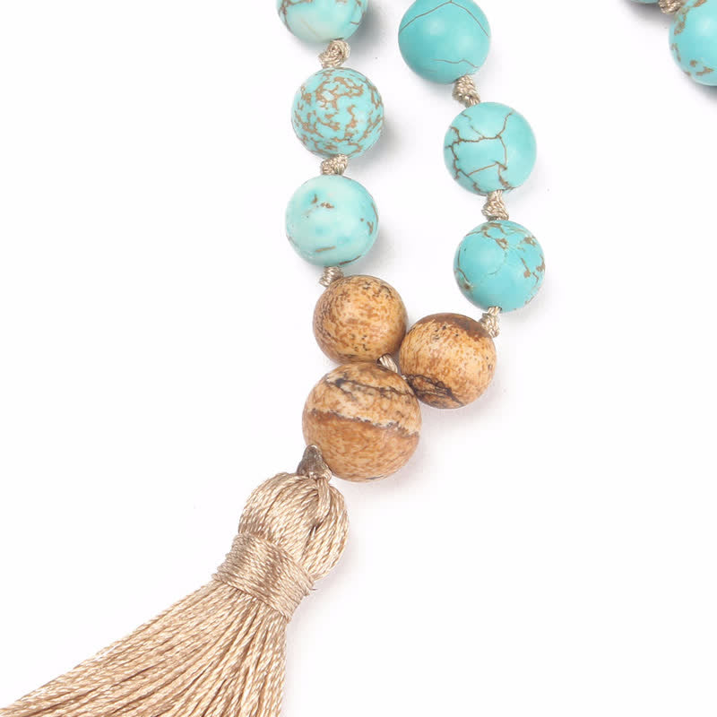 Buddha Stones 108 Mala Koraliki Turkusowy Obrazek Jaspis Mądrość Bransoletka Tassel