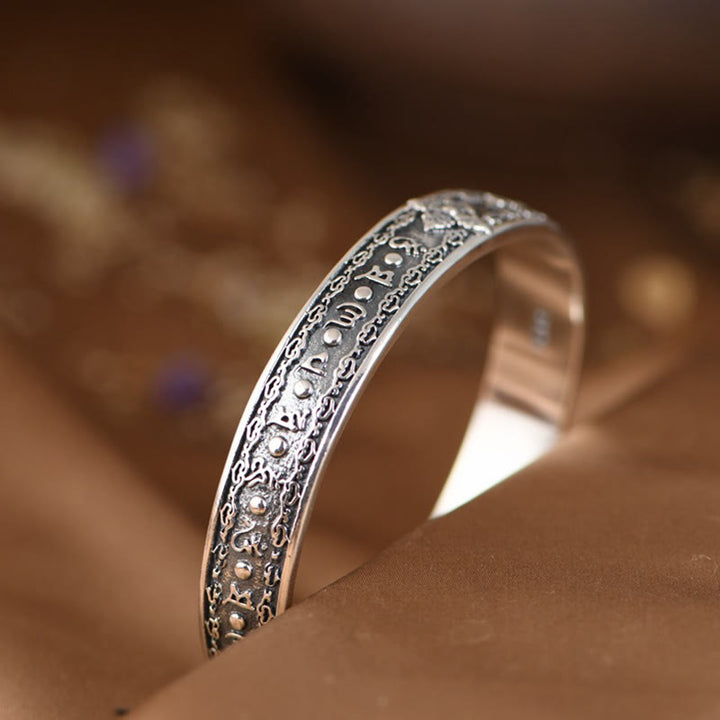Buddha Stones 925 Srebro Sterlingowe Om Mani Padme Hum Podwójna Dorje Grawerowana Mądrość Bransoletka Mankiet Bangle