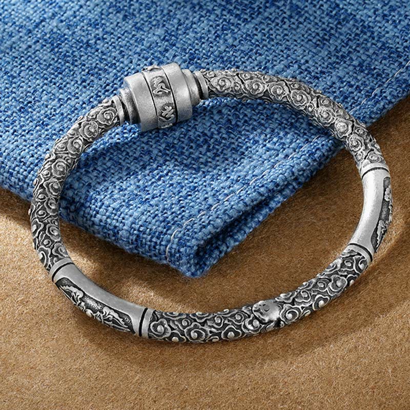 Buddha Stones 990 Srebro Sterling Tybetańskie Pomyślne Chmury Om Mani Padme Hum Grawerowana Bransoletka Kreatywności Bangle