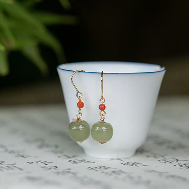 Kolczyki wiszące z Buddha Stones, 925 srebro próby 925, 14-karatowe złoto, jadeit hetian, czerwony agat, szczęście - image 4